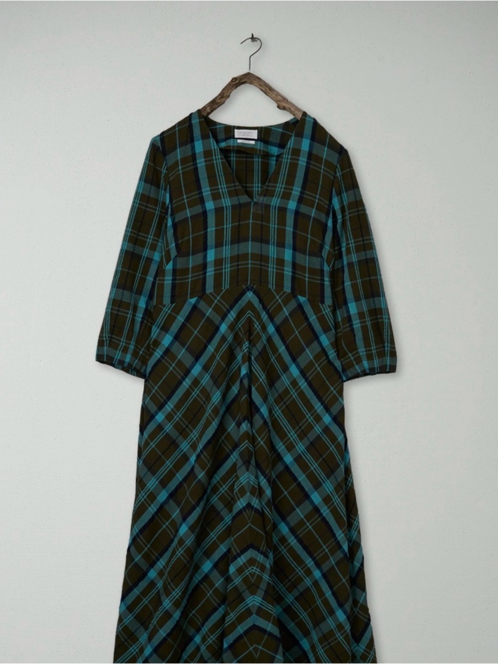 TOAST Astrid Seersucker Green & Teal Plaid V-Neck Midi Dress UK14 - Picture 6 of 7